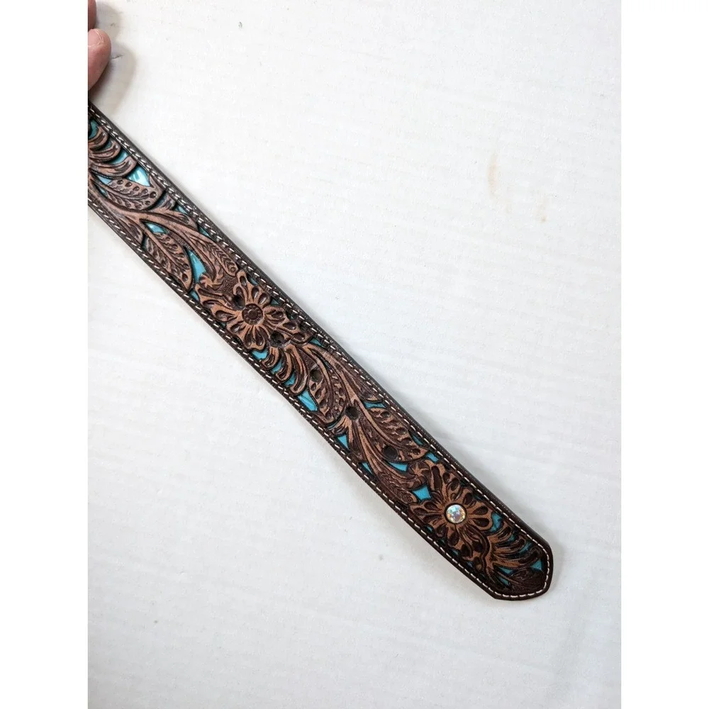 Womens Ariat Leather Belt Size Medium Brown Turquoise Inlay Floral Tooled
